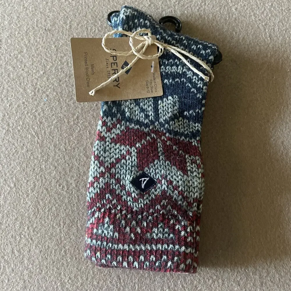 SPERRY Men's Printed Wool Cushion Crew Sock 6-12 73% Merino Wool